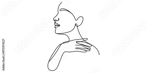 Minimalist continuous line drawing of a woman in profile touching her shoulder with elegance
