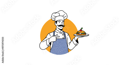 Professional chef with a mustache wearing a tall white hat and apron pointing at a gourmet burger served on a small white plate.