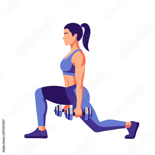 Woman doing lunges with dumbbells, fitness, exercise, strength training, healthy lifestyle, gym workout