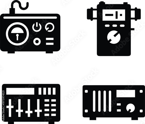 Audio control panel and sound equipment silhouette vector icon set featuring mixer console audio interface amplifier and control unit isolated on white background