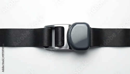 Close-up of a black seatbelt buckle and strap against a white background. The metallic and plastic parts of the safety device are visible in detail. This is a close-up of a seatbelt buckle.