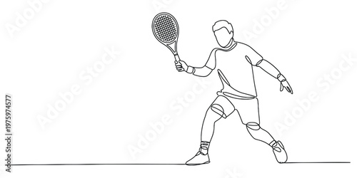 A single continuous line drawing of a tennis player swinging a racket during a competitive match