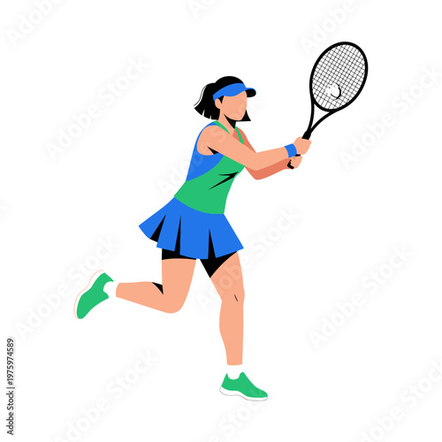 Woman playing tennis, hitting forehand, athletic movement, colorful sportswear, isolated illustration