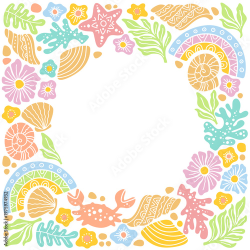 Hand drawn pastel marine vignette with shells corals flowers and stars, playful ocean themed boho round frame with soft pink blue and yellow decorative elements, nursery poster or decor