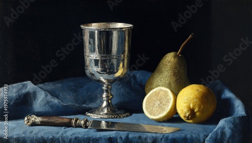 Still life silver goblet, pear, lemons, knife on blue cloth
