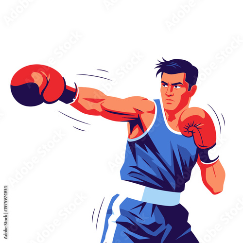 Male boxer throwing a punch with red gloves, blue tank top, isolated on white background