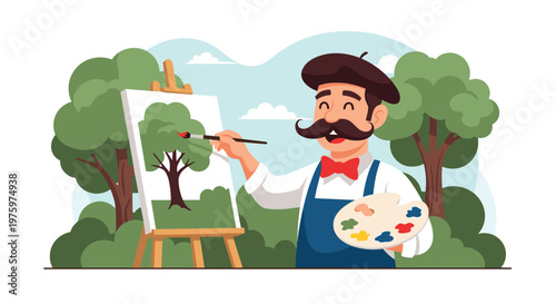 Cheerful artist with a mustache painting a landscape of trees on an outdoor easel in a beautiful green park under a blue sky.