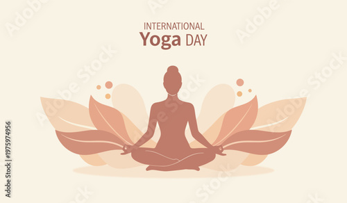 International Yoga Day Concept with Relaxing Meditation Pose Indoor vector illustration