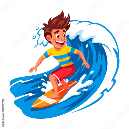 Happy Surfer Boy Riding a Wave, Cartoon Style