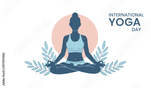 International Yoga Day Concept with Relaxing Meditation Pose Indoor vector illustration