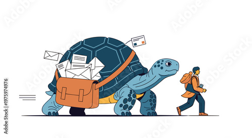 Hardworking turtle acting as a postman carrying a heavy bag filled with many letters and envelopes while walking behind a boy.