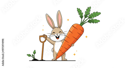 Joyful cartoon rabbit holding a massive orange carrot and a garden shovel in a successful vegetable garden harvesting scene.