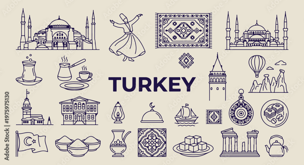 Fototapeta premium turkey landmarks and mosaic sketches, hand drawn istanbul doodles, aesthetic turkish culture art, creative turkey tourism line art, minimal middle east icons, scrapbook turkey travel elements, turkish