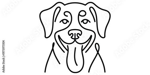 A minimalist linear drawing of a friendly dog face with a happy expression and tongue hanging out