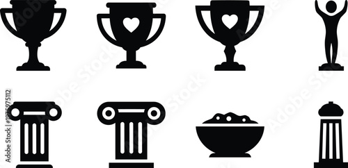 Award trophy and achievement silhouette vector icon set featuring winner cup prize trophy champion figure podium column bowl and pedestal isolated on white background
