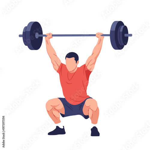 Man lifting barbell overhead in squat position, weightlifting, fitness and bodybuilding