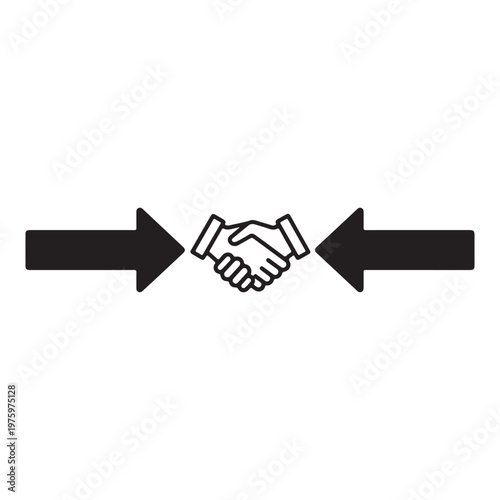 Two opposing arrows pointing towards a central handshake symbol signifying agreement and cooperation