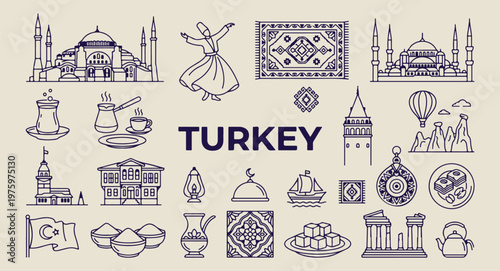 turkey landmarks and mosaic sketches, hand drawn istanbul doodles, aesthetic turkish culture art, creative turkey tourism line art, minimal middle east icons, scrapbook turkey travel elements, turkish