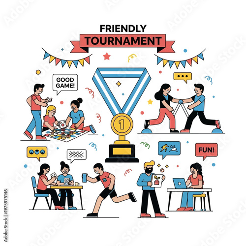 Friendly Tournament: Diverse People Competing in Games and Activities, Celebrating Fun and Sportsmanship