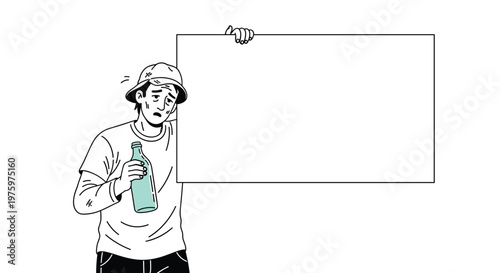 Exhausted thirsty man in a hat holding a water bottle and leaning against a large blank white sign for custom messages or help.