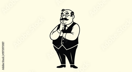 Distinguished older man with a mustache and glasses wearing a vest while thinking deeply with his finger on his chin.