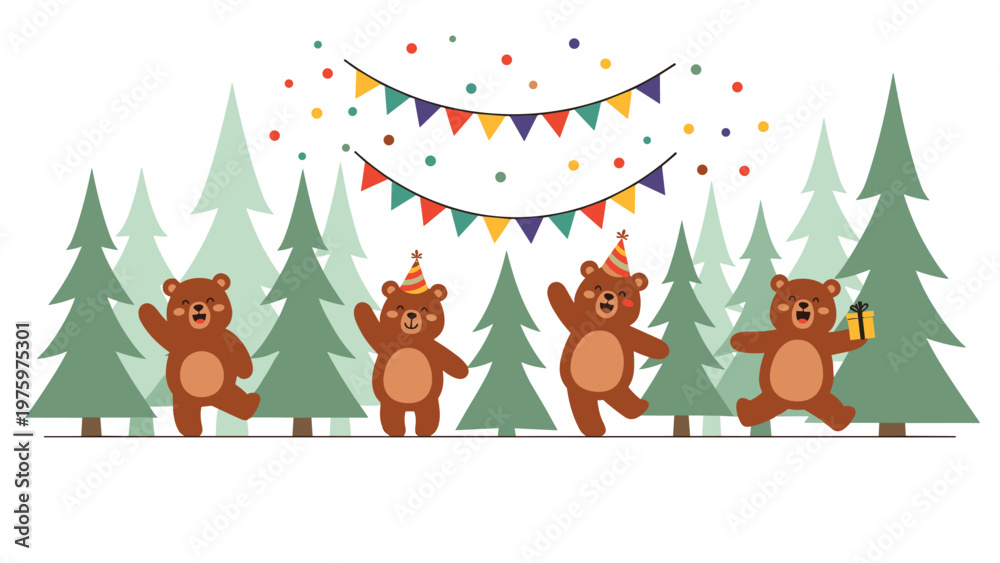 Naklejka premium Four adorable bear cubs, playfully wearing party hats, joyfully dancing amidst a vibrant pine tree forest adorned with colorful festive garlands.