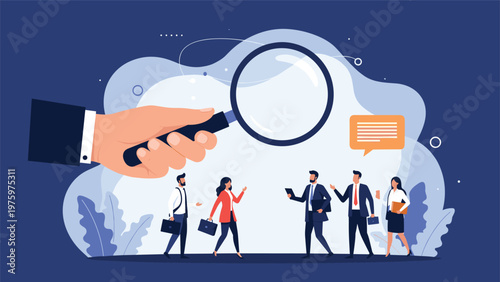 Giant hand with a magnifying glass meticulously examining a diverse group of business professionals, symbolizing thorough human resource selection and market analysis.