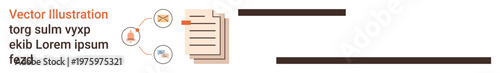 Data sharing, digital communication, document workflow, email exchange, teamwork, file management. Paper document icon connected to communication symbols. Data sharing and digital communication