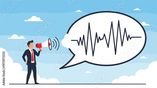 Confident businessman actively communicating with a megaphone, featuring a prominent sound wave in his speech bubble, symbolizing effective marketing and announcements.