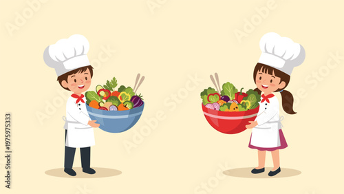 Enthusiastic young male and female chefs proudly holding vibrant bowls of fresh salad, showcasing their culinary skills and healthy eating.