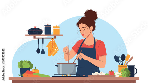 Smiling woman gracefully cooking at a modern kitchen stove, stirring food in a pot, surrounded by an array of fresh vegetables and cooking utensils.