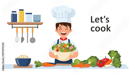 Enthusiastic young male chef cheerfully holding a vibrant bowl of fresh salad, invitingly stating "Let's cook" in a cozy kitchen setting.