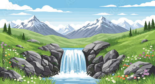 Pixel art style landscape featuring beautiful waterfall flowing into river surrounded by green meadows and snowy mountains.