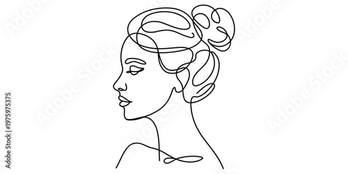 Minimalist continuous line art drawing of a woman with a messy bun hairstyle in profile view