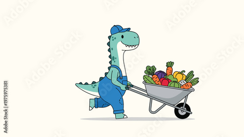 Adorable green dinosaur farmer cheerfully pushing a wheelbarrow overflowing with a colorful assortment of freshly harvested vegetables.