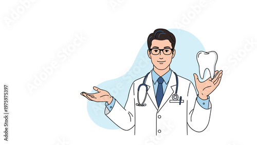 Professional male dentist or doctor in a white coat and stethoscope, confidently presenting a healthy tooth while gesturing, symbolizing comprehensive dental care and oral health awareness.