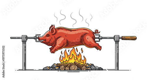 Traditional suckling pig roasting on rotating spit over charcoal fire and wood logs with smoke rising against white background.