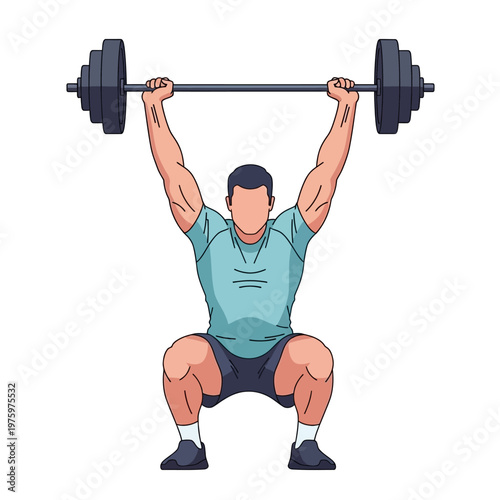 Muscular Man Lifting Barbell Overhead During Squat Exercise Workout