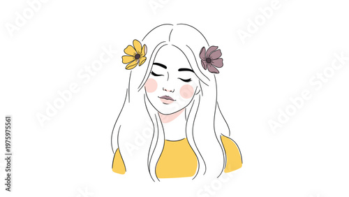 Serene minimalist illustration of a woman's face with long flowing hair, gently closed eyes, and delicate flowers tucked gracefully into her locks.