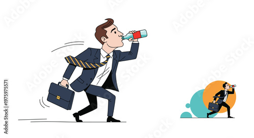 Businessman in suit running while drinking from water bottle with smaller version of him running inside circular graphic element.