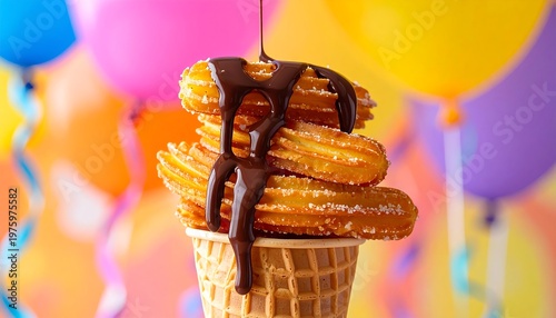 Delicious Churros with Chocolate Sauce in a Waffle Cone.