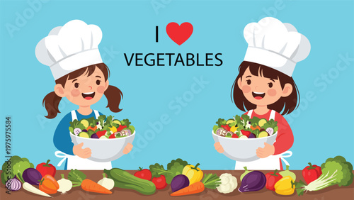 Enthusiastic young female chefs proudly holding bowls of fresh salad in a vibrant kitchen, joyfully declaring "I Love Vegetables" surrounded by colorful produce.