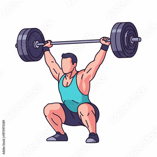 Muscular Man Lifting Barbell Overhead in Squat Position, Fitness and Strength Training