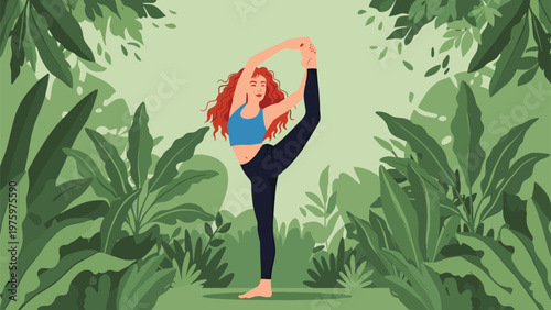 Energetic woman with flowing red hair gracefully executing a challenging yoga pose (Natarajasana) amidst a serene backdrop of lush tropical greenery.