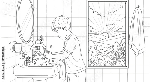 Line art illustration of young boy washing his hands in bathroom sink with view of sunrise through window on wall.