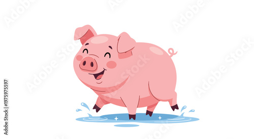 Happy cartoon pig with joyful expression splashing and jumping in blue water puddle against clean white background.