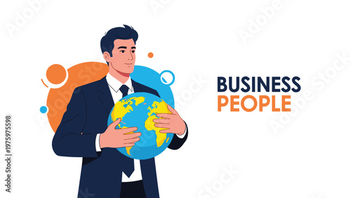 Confident businessman thoughtfully holding a large globe, representing global business initiatives and a strong commitment to environmental responsibility.
