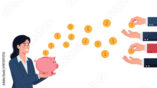 Businesswoman holds a piggy bank with dollar coins flowing into it from multiple hands, symbolizing crowdfunding or collective investment.