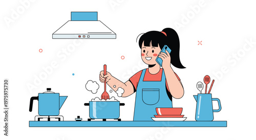 Woman in blue apron cooking soup in pot on stove while happily talking on her blue smartphone in kitchen environment.