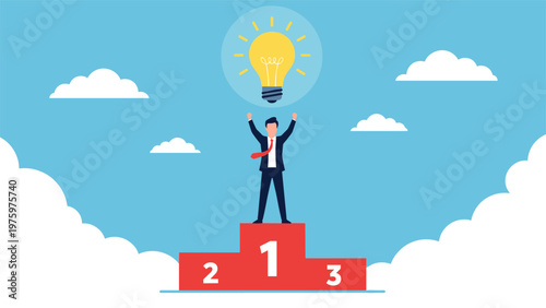 Successful businessman stands on the top of a red podium with a glowing light bulb above him, symbolizing achievement and a brilliant idea.